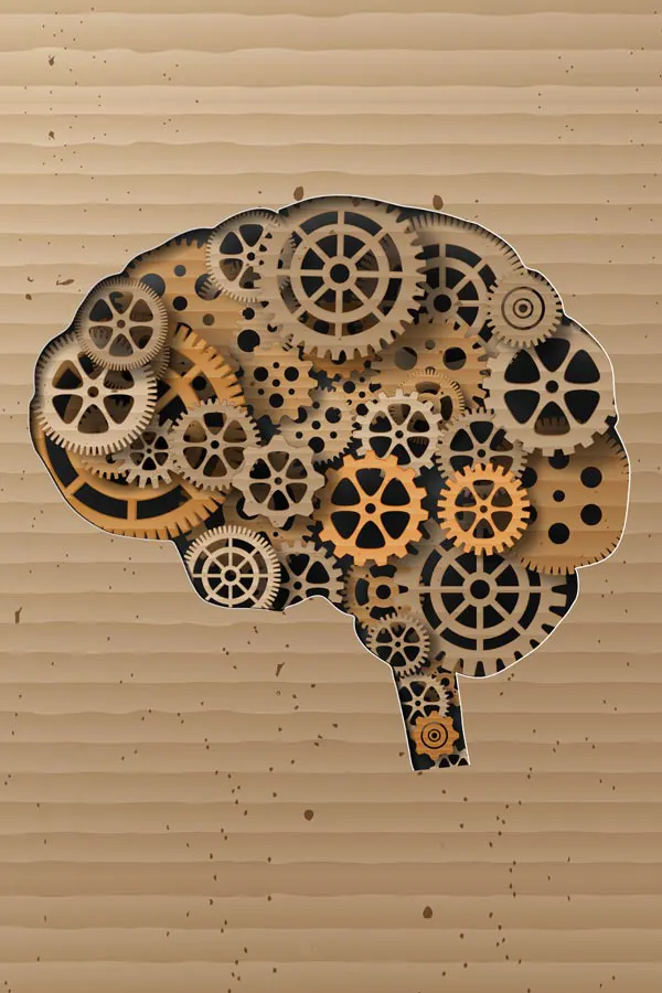 Brain-Fog-Treatment Stylized image of a brain made of gears, representing the cognitive restoration offered through brain fog treatments by Brandi Terra, NP at Oak & Stone Wellness in East San Diego.