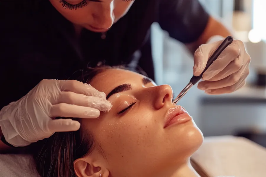 Dermaplaning-Clinic A woman receives dermaplaning treatment. Get Dermaplaning treatment from Brandi Terra, NP at Oak & Stone Wellness in East San Diego.