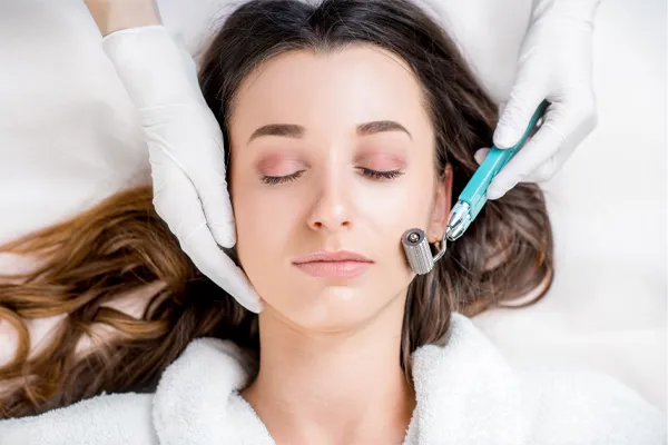Microneedling-Doctor A woman in a white robe closes her eyes and receives a microneedling procedure from Brandi Terra, NP at Oak & Stone Wellness in East San Diego.