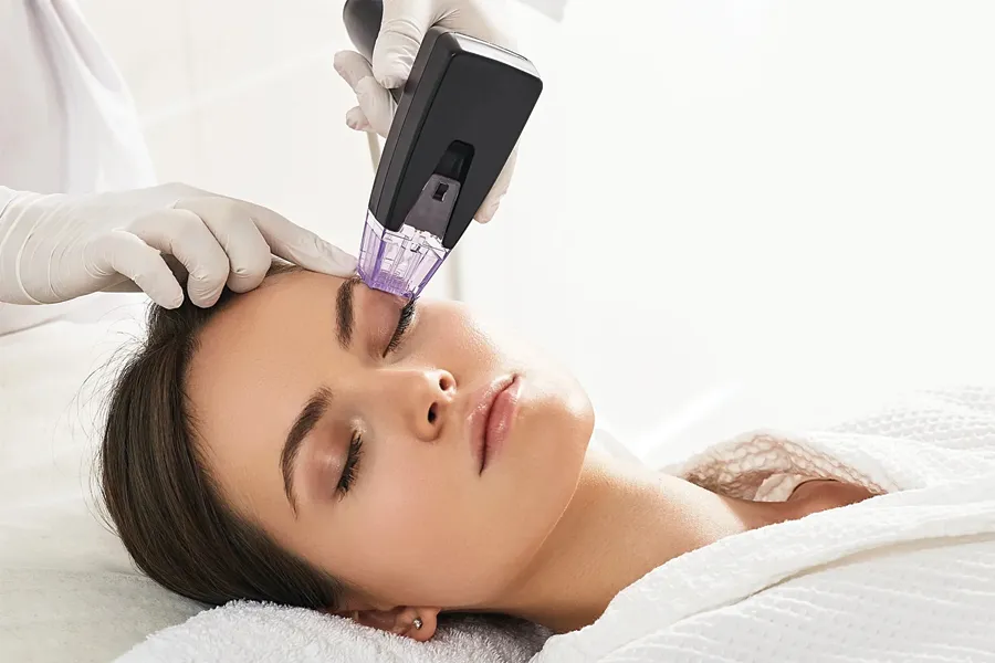 Morpheus8-Microneedling-Clinic A woman gets microneedling treatment. Schedule Morpheus8 RF Microneedling from Brandi Terra, NP at Oak & Stone Wellness in East San Diego.